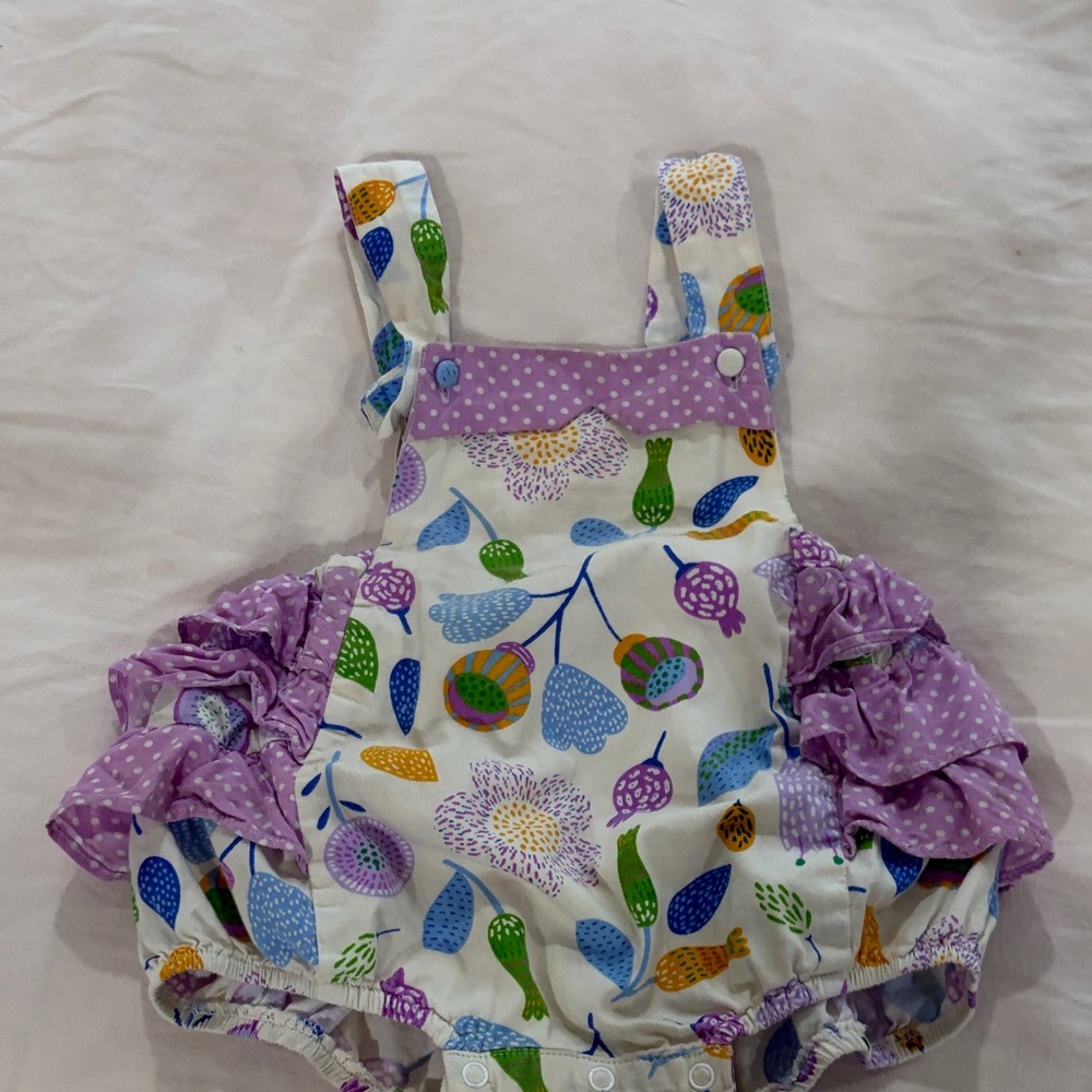 White Floral Bubble Romper with Purple Ruffles and Trim